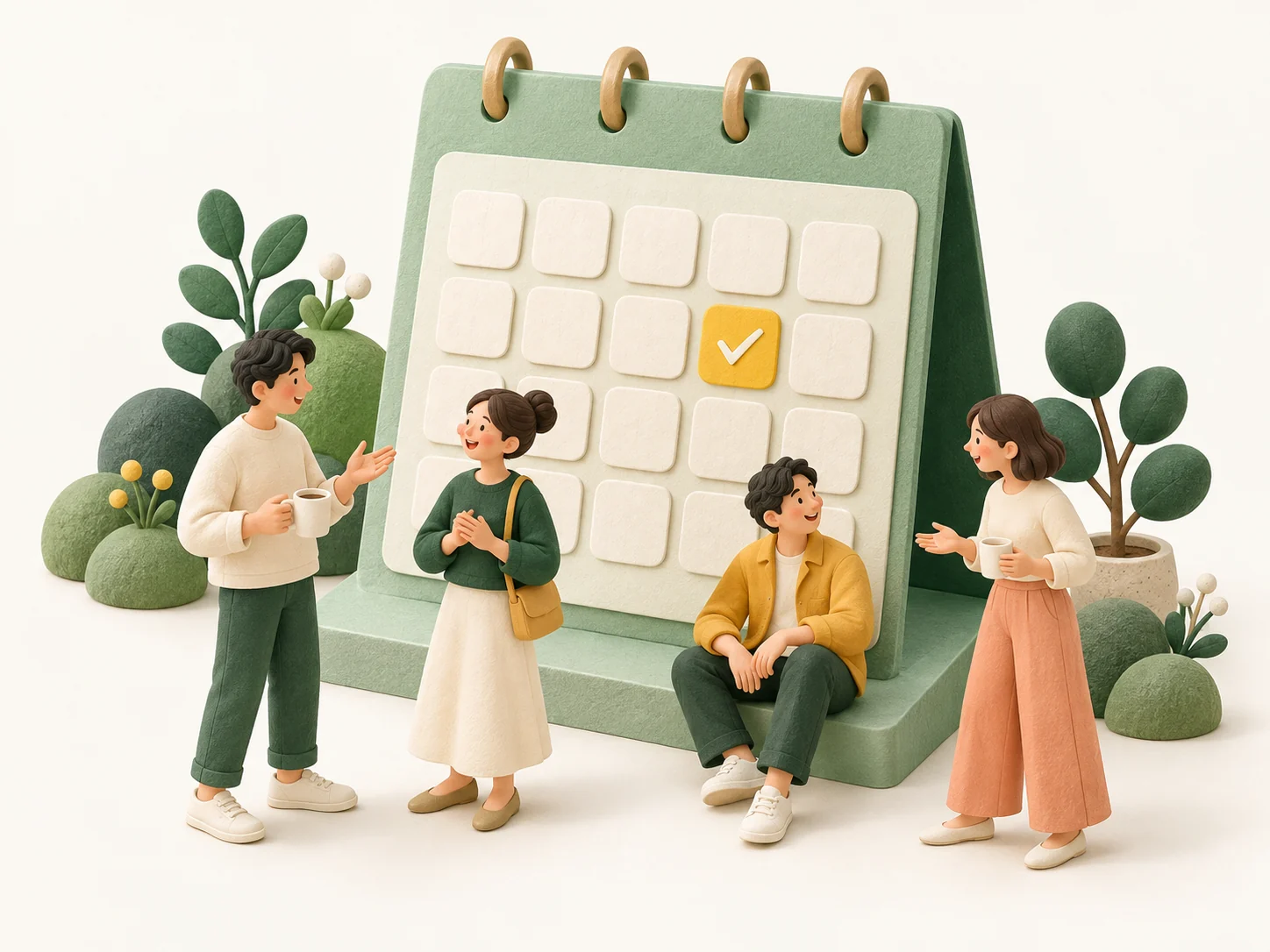 大きなグリーンのカレンダーを囲んで集まる4人の、温かなペーパークラフトのイラスト